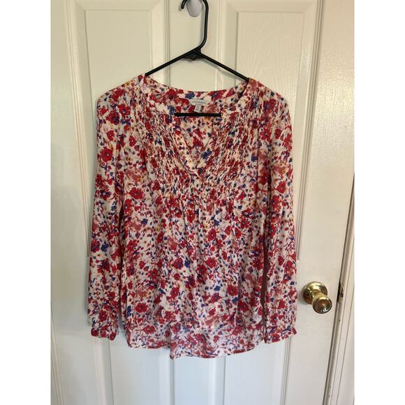 Lucky Brand Womens Small Red Blue Floral Boho 3/4 Sleeves V Neck Cute Top Blouse - Picture 1 of 3